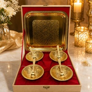Premium Gold Plated Dry Fruit Serving Set with Tray & 4 Bowls with Spoons in Wooden Gift Box