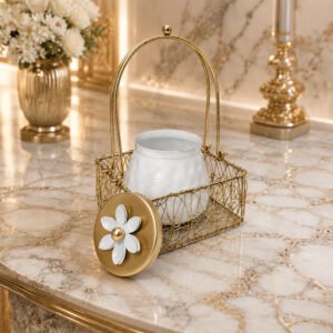 Luxury Decorative Storage Jar with Gold Metal Basket | Elegant Kitchen & Tabletop Organizer