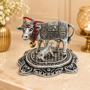 Kamdhenu Cow with Calf Idol | Silver Finish Metal Gau Mata Statue for Home Temple & Pooja