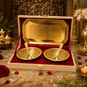 Gold Plated Prasadi Bhog Thali Set with 2 Bowls, Spoons & Serving Tray in Premium Gift Box
